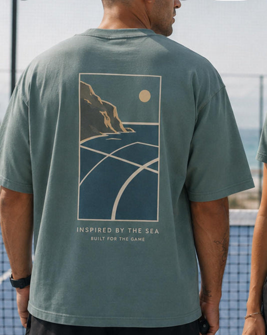 MOR Padel Coastal Tee in Pebble Blue, lifestyle photo
